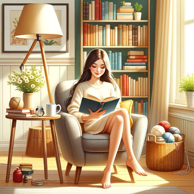 vrouw leest boek in de woonkamer