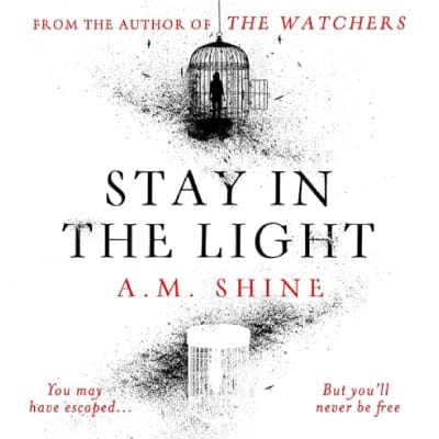 Boekcover van Stay in the Light door A.M. Shine, met een donkere kooi en de tekst 'You may have escaped, but you'll never be free'.