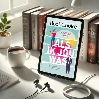 Tablet met boek als luisterboek en e-book bij Bookchoice in 2024. Omringd door een koptelefoon, koffie kopje en boeken, wat een rustige leesomgeving suggereert.