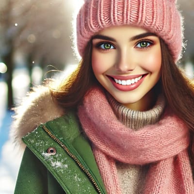 Afbeelding van Imogen, de hoofdpersonage uit 'The Christmas Cottage,' gekleed in een groene winterjas, roze sjaal en muts, in een besneeuwd landschap.
