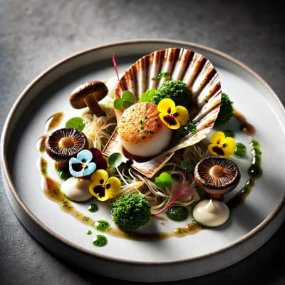 Fijnproeversgerecht met coquille, shiitake, en kruiden-beurre blanc, een verfijnde creatie uit Het eetcafé op de hoek.