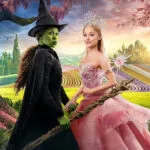 Elphaba en Glinda uit Wicked, samen afgebeeld in een kleurrijke setting met het Smaragden Paleis op de achtergrond.