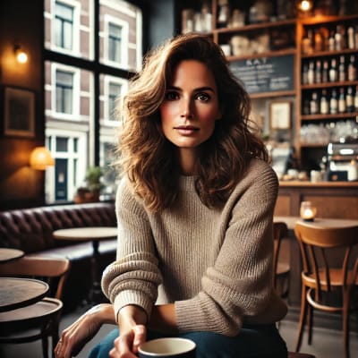 Vrouw in een gezellig café, passend bij het verhaal van Het eetcafé op de hoek.