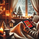 Sfeervolle winterafbeelding bij de Storytel aanbieding 45 dagen gratis, met een e-book, warme deken en kerstdecoratie.