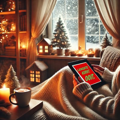 Sfeervolle winterafbeelding bij de Storytel aanbieding 45 dagen gratis, met een e-book, warme deken en kerstdecoratie.
