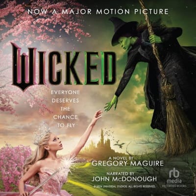 Omslag van het luisterboek Wicked door Gregory Maguire, met de Groene Heks en Glinda, gebaseerd op de nieuwe film.