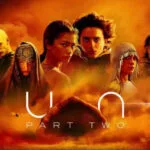Officiële filmposter van Dune: Part Two met Paul Atreides, Chani, Lady Jessica en andere hoofdpersonages, met een zandworm op de achtergrond.
