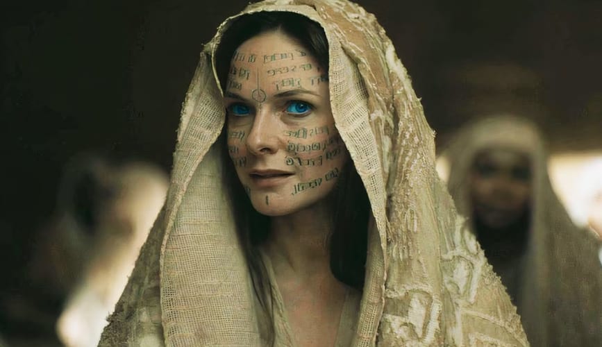Lady Jessica uit Dune: Part Two, met blauwe ogen en mystieke inscripties op haar gezicht, gehuld in een woestijnmantel.