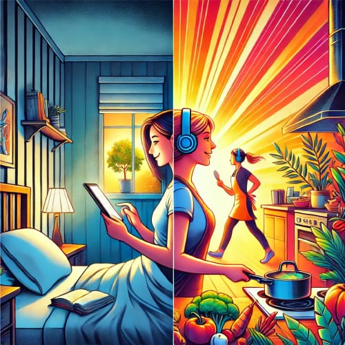 Illustratie van iemand die een e-book leest in bed en later tijdens het koken of wandelen luistert naar een luisterboek met een koptelefoon."
