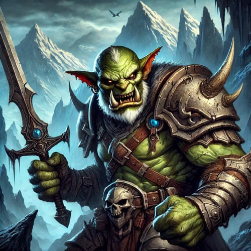 Een geharnaste hobgoblin-krijger met groenachtige huid, scherpe tanden en gloeiende ogen, staand in de gevaarlijke bergen van The Doom. Bewapend en klaar voor de strijd.