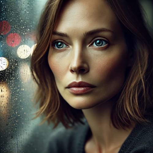 Kat Donovan uit Ik mis je van Harlan Coben kijkt peinzend door een regenbeslagen raam, diep in gedachten over haar verleden en het mysterie dat ze onderzoekt.
