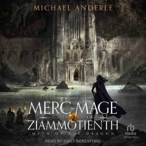 Omslag van het luisterboek The Merc-Mage of Ziammotienth van Michael Anderle. Op de cover staat een mysterieuze figuur in een cape die uitkijkt over een ondergronds meer met een imposant kasteel op de achtergrond.