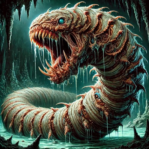 Een gigantisch, kronkelend tube worm-monster met een slijmerige huid, scherpe schubben en een mond vol messcherpe tanden. Dit angstaanjagende wezen leeft in donkere tunnels en valt avonturiers aan.