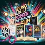 Illustratie van populaire Young Adult-boeken die zijn verfilmd, met titels zoals Divergent, Geek Girl en To All the Boys I’ve Loved Before."