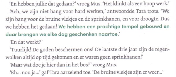 Gesprek tussen Mus en Tara uit het kinderboek "Waarom de wereld niet eerlijk is" van Yuval Noah Harari, over tempels en goden.