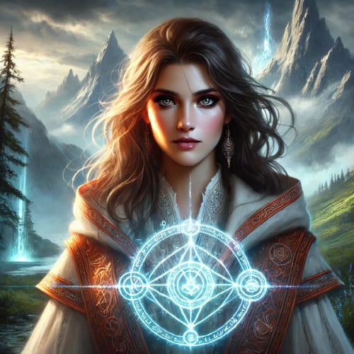 Portret van Kaylin, twee jaar ouder, met langer haar en een krachtige magische uitstraling. Ze staat zelfverzekerd in een mystiek berglandschap, haar gewaad straalt magie uit.