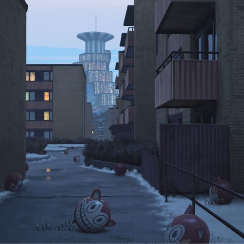 Illustratie van een Zweedse woontoren met bizarre gezichten op straat uit Things from the Flood van Simon Stålenhag