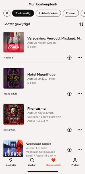 Screenshot van mijn boekenplank in de Storytel app met e-books en luisterboeken