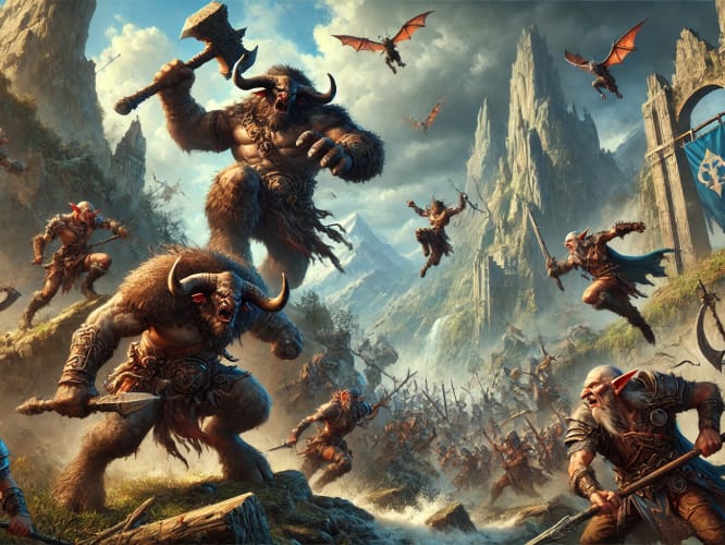 Een epische fantasy-gevechtsscène waarin minotaurs en goblins een aanval uitvoeren in een bergachtig landschap. De minotaurs zwaaien met bijlen, terwijl de goblins vanuit de heuvels toeslaan.