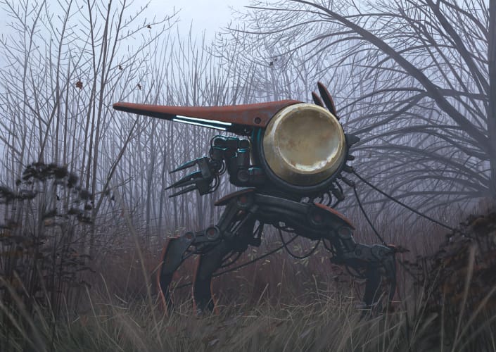 Robot met vier poten in mistig bos uit Things from the Flood van Simon Stålenhag