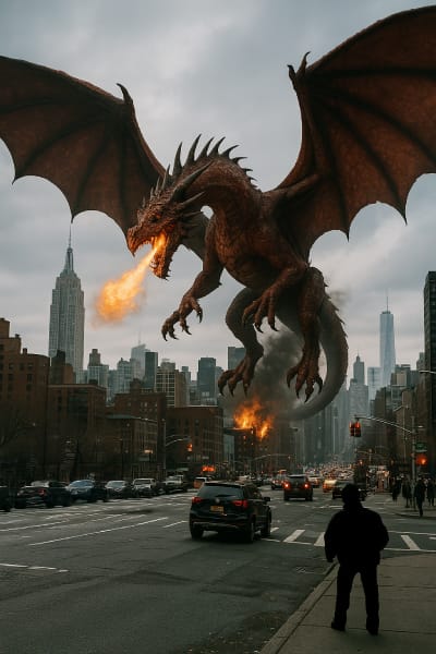 Een enorme rode draak vliegt boven Manhattan en spuwt vuur, te midden van paniek in de stad