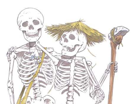 Illustratie uit "Waarom de wereld niet eerlijk is" van Yuval Noah Harari, met twee skeletten die het verleden symboliseren.