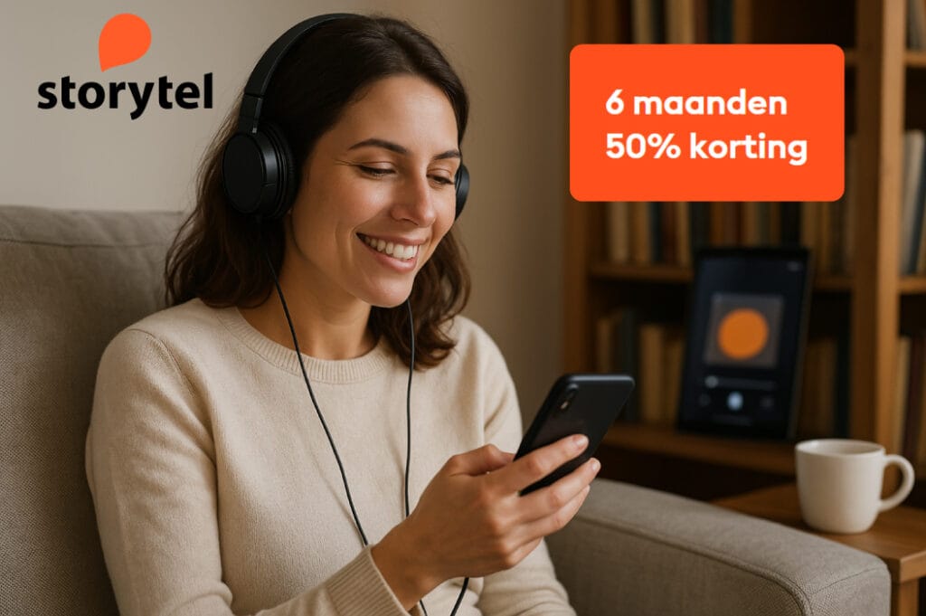 Vrouw luistert naar luisterboek op haar telefoon met tekst ‘6 maanden 50% korting’ in beeld