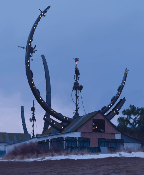 Grote machineconstructie steekt uit een oude schuur in een illustratie uit Tales from the Loop