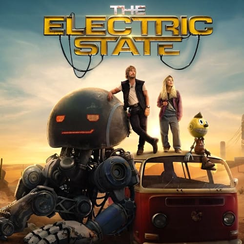 Promotieposter van The Electric State op Netflix, met een grote robot, een rode bus en hoofdpersonages Michelle en Christopher in een post-apocalyptische setting.