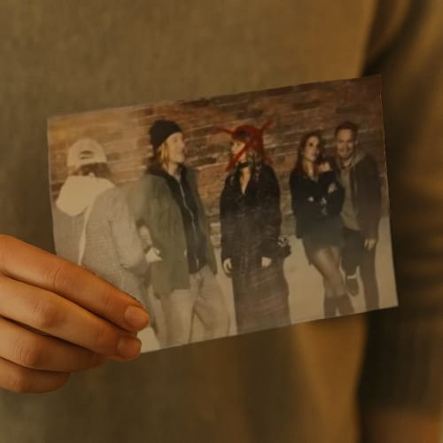 Momentopname van Harlan Coben: foto met rood kruis door het gezicht van een vrouw.