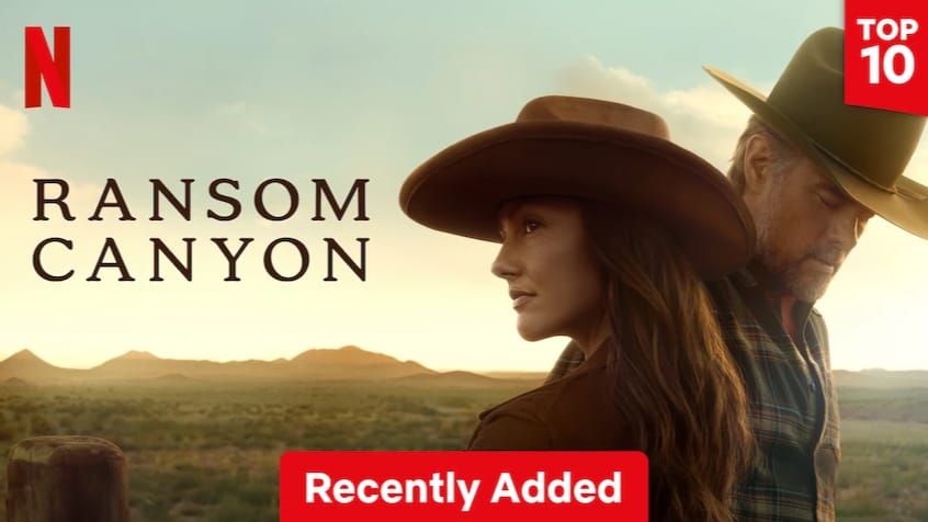 Poster van de Ransom Canyon Netflix serie met hoofdpersonages in cowboyhoeden