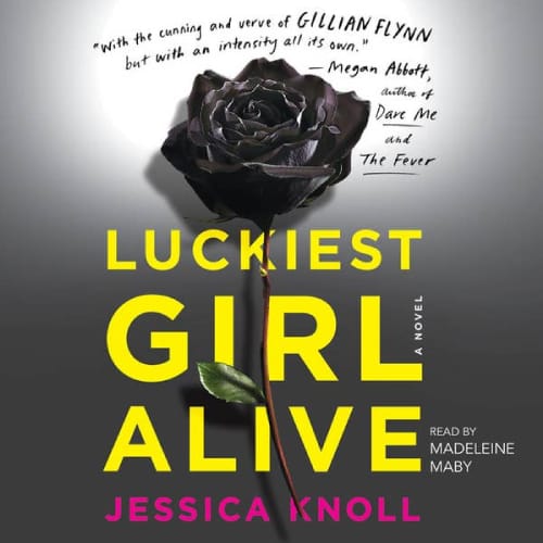 Boekcover van *Luckiest Girl Alive* van Jessica Knoll, met een zwarte roos op een witte achtergrond