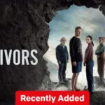 Afbeelding van de hoofdpersonages uit de Netflix-serie The Survivors, staand voor de opening van een grot aan zee
