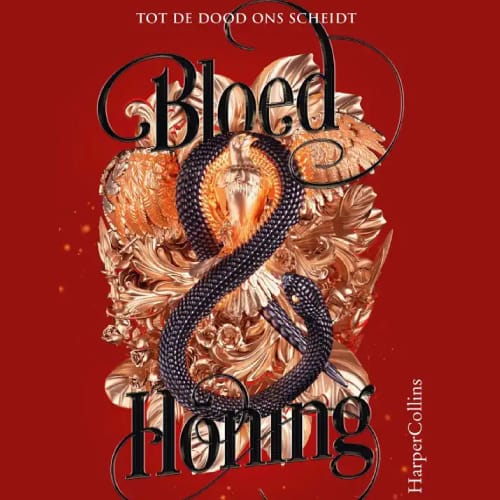Omslag van het luisterboek Bloed & honing van Shelby Mahurin, met een slang in de vorm van een ampersand op een rode achtergrond