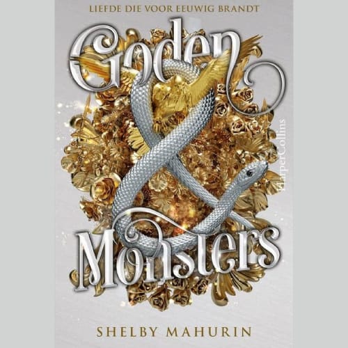Boekcover van Goden & Monsters van Shelby Mahurin met een slang en gouden vleugels