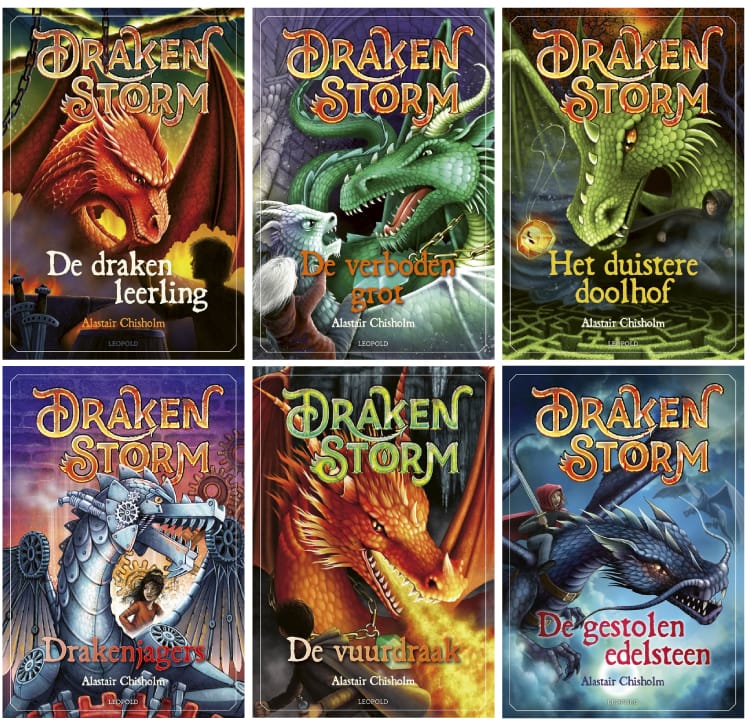 De zes boeken van de Drakenstorm serie van Alastair Chisholm: De drakenleerling, De verboden grot, Het duistere doolhof, Drakenjagers, De vuurdraak en De gestolen edelsteen.