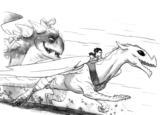 Ellis en Cara vliegen met hun draken in de Drakenstorm serie van Alastair Chisholm.