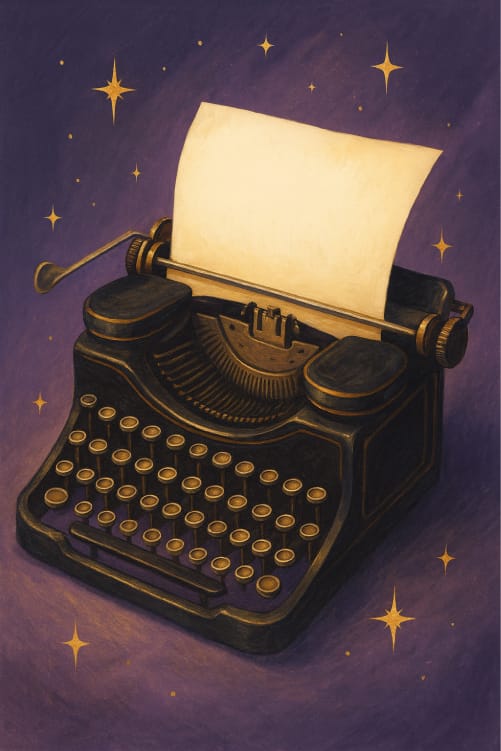 Illustratie van een magische typemachine die de briefwisseling in Letters of Enchantment weergeeft