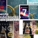 Collage met vijf boekcovers (Mickey7, Het Oog van de Wereld, Een bijzonder jaar, The Long Walk, Wicked) – beste verfilmde boeken.
