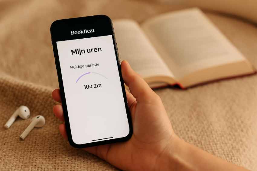 Hand met een telefoon waarop de BookBeat app de resterende luisteruren laat zien, met oortjes en een boek op de bank.