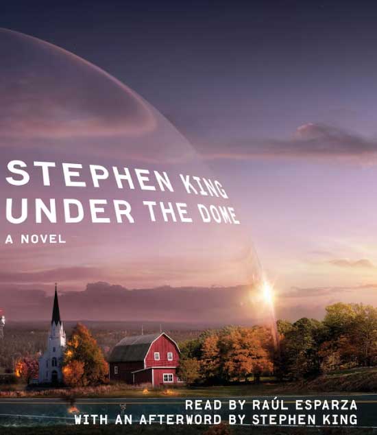 Omslag van het boek Under the Dome van Stephen King met een koepel over een stad.