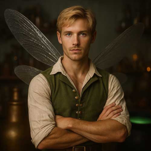 Blonde pixie met groene Peter Pan outfit en doorschijnende vleugels in een alchemistenwerkplaats.