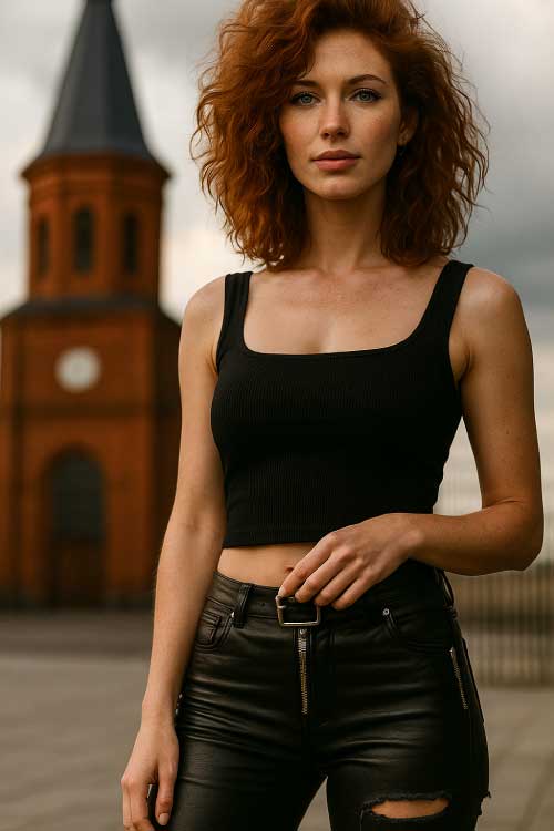 Roodharige vrouw in zwarte top en leren broek voor een rode bakstenen kerk, fotorealistisch.