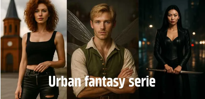 Banner met drie personages: roodharige vrouw, pixie met vleugels en Aziatische vampier met katana, met tekst ‘Urban fantasy serie’.