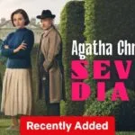 Promobeeld van Agatha Christie's Seven Dials op Netflix met drie personages.