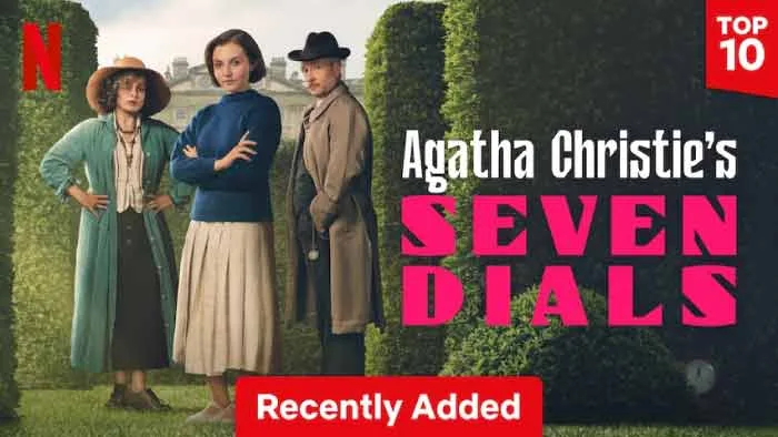 Promobeeld van Agatha Christie's Seven Dials op Netflix met drie personages.