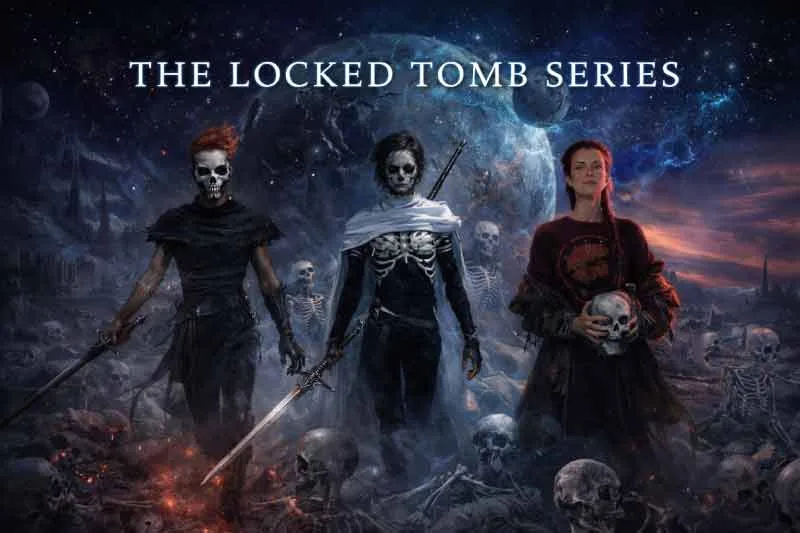 Illustratie van Gideon, Harrow en Nona uit The locked tomb serie in een duistere science fantasy wereld met necromantie