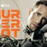 Promobeeld van Murderbot op Apple TV+ met het Murderbot-logo en een cyborg met zichtbare kabels.