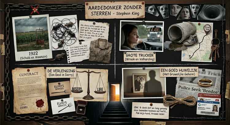 Moodboard van Aardedonker zonder sterren met donkere boerderij, truck in de nacht en beklemmende sfeer