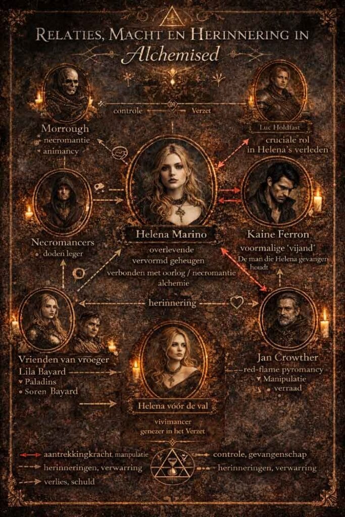 Character map van Alchemised van SenLinYu met Helena Marino, Kaine Ferron, Luc Holdfast, Morrough en andere belangrijke relaties in het verhaal.